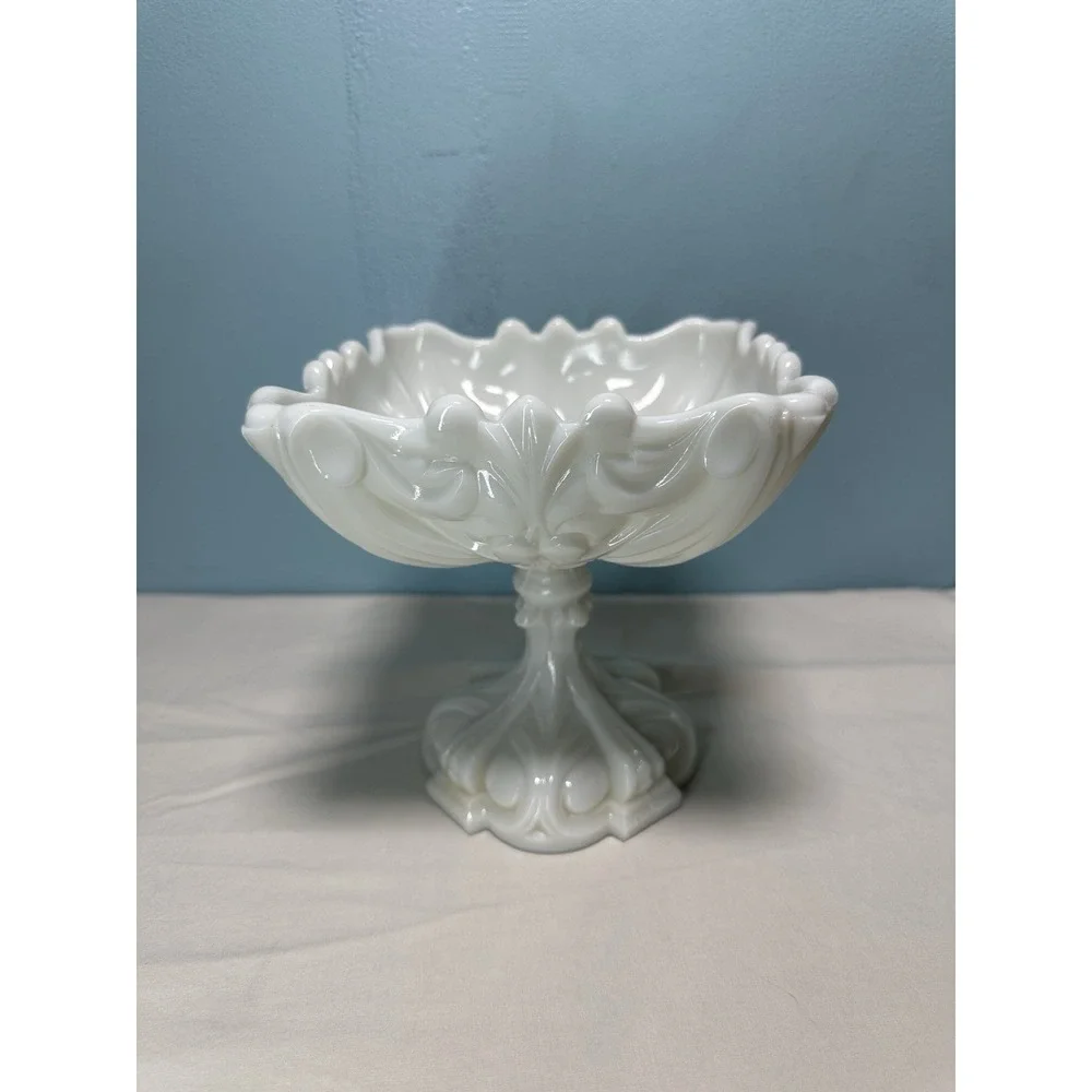 Vintage Portieux Vallerysthal French White Milk Glass Scrolled Compote Dish